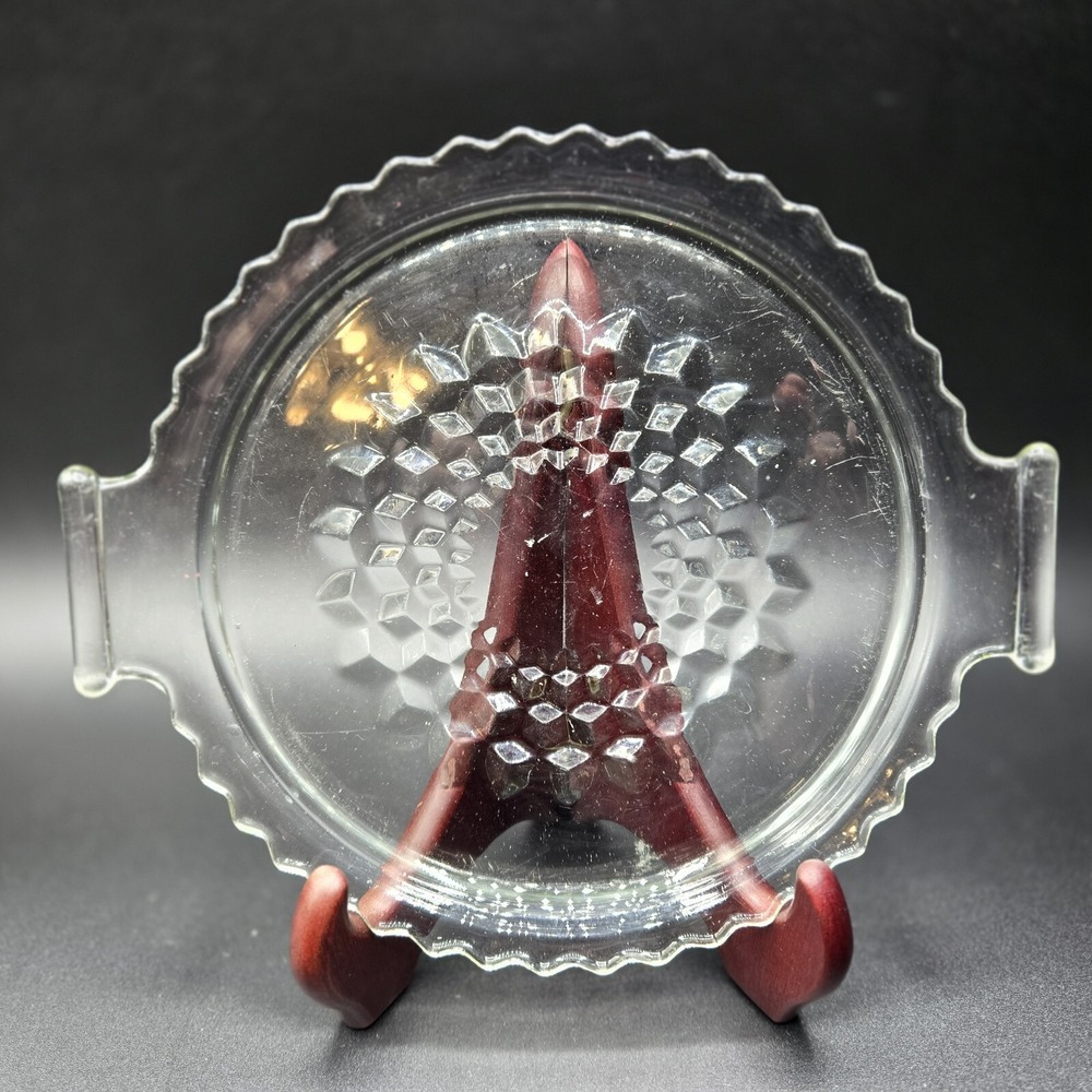 Vtg Fostoria Glass Cookie Platter w/ Handles Etched Cubist Pattern Sawtooth Edge